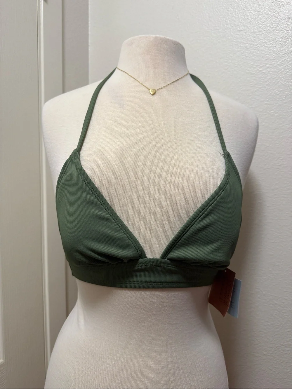 Ribbed Triangle Halter Bikini Top - Olive Green